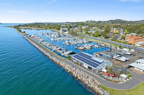 an aerial view of a marina with boats in the water at Spinnakers Reach Unit 9 in Batemans Bay