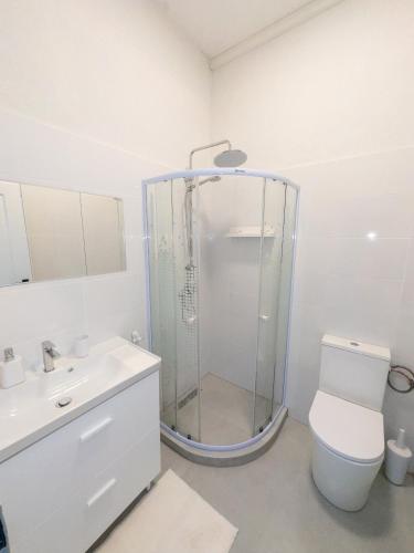 a bathroom with a shower and a toilet and a sink at Silver Moon Residence 1 in Arad