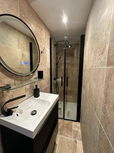 une salle de bain avec un lavabo, un miroir et une douche dans l'établissement La Cave du Port - CDDT, à La Rochelle