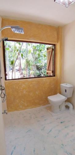 a bathroom with a toilet and a large window at Villa King Komba in Nosy Komba