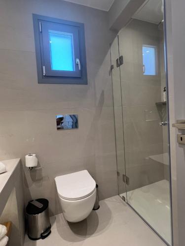 a bathroom with a toilet and a glass shower at CAELI PAROS by Kostas & Joanna Studios in Logaras