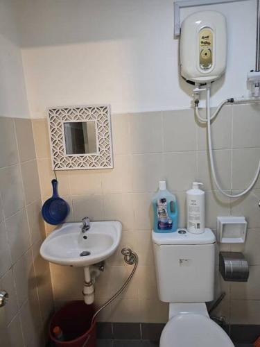 a small bathroom with a toilet and a sink at 5 Lot 10 Pangkor Leisure Beach Studio in Kampong Sungai Udang