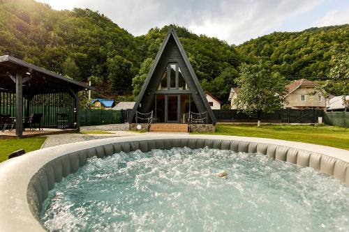 a pool of water in front of a house at Roman A Frame Vișeu de Sus in Vişeu de Sus