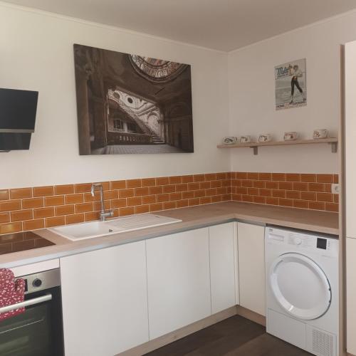 a kitchen with a sink and a washing machine at The Cottage in Murska Sobota