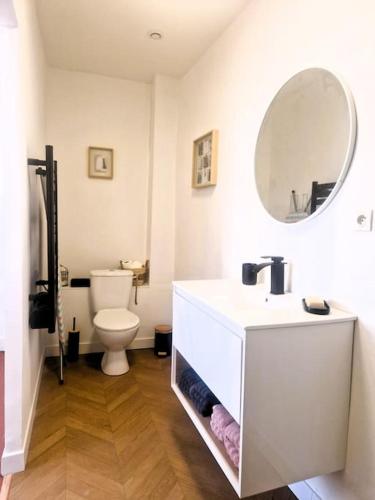 une salle de bain avec un lavabo, des toilettes et un miroir dans l'établissement Appartement Centre Ville Les Halles - Grands Buffets, à Narbonne
