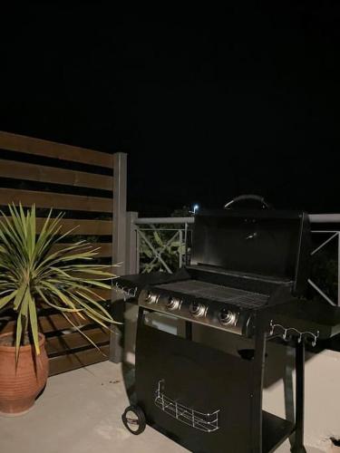 a black grill with a potted plant next to a fence at Marias Guest House in Zipárion