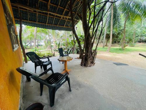a group of chairs and a table and a tree at LakeSide Cabana Tissamaharama in Tissamaharama