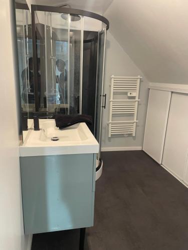 a bathroom with a white sink and a mirror at Plouha sur Mer in Plouha
