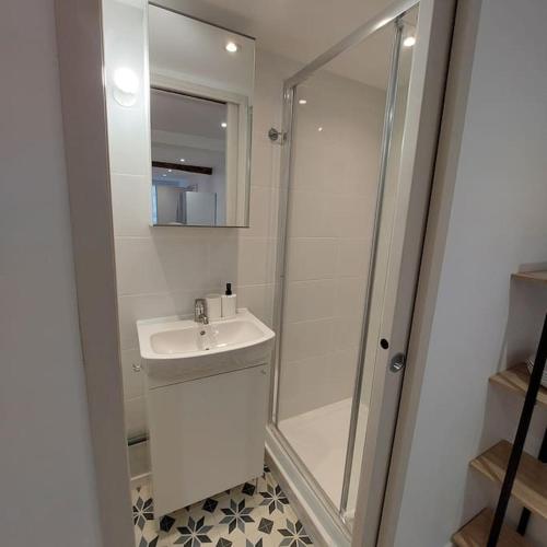 une salle de bain blanche avec un lavabo et une douche dans l'établissement Studio centre-ville d'Hasparren, à Hasparren
