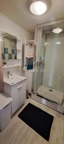 une salle de bain avec douche et lavabo dans l'établissement Maison de bourg, à Jumeaux