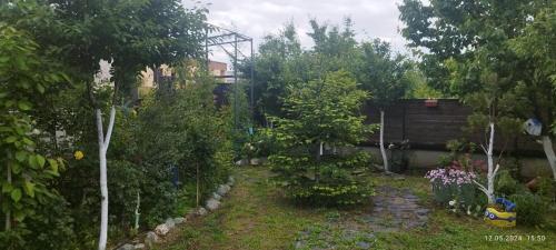 a garden with trees and bushes and a fence at House on Lisi lake in Tkhinvali