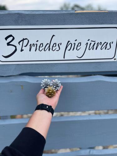 a person holding a sign that reads miracles pie jinks at 3Priedes pie jūras in Šķēde