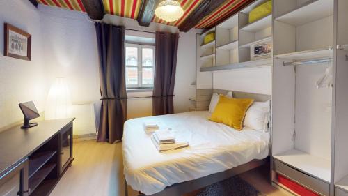 une chambre avec un lit et un bureau avec des livres dessus dans l'établissement La Grande Ourse, à Colmar