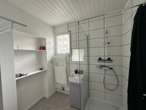 une salle de bain avec douche et lavabo dans l'établissement Logement agréable sur Le Teich, au Teich
