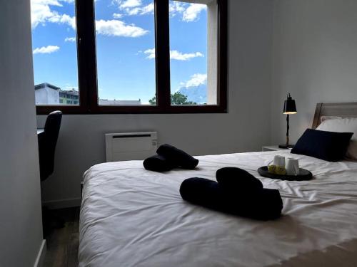 - une chambre avec un lit et des serviettes noires dans l'établissement coccon, tv, wifi, à Albertville