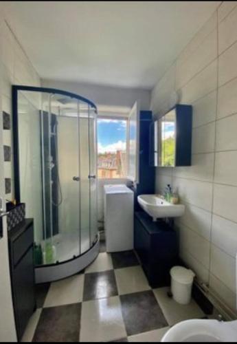 une salle de bain avec douche et lavabo dans l'établissement T2 LA SOURCE 500m de Thermes, à Bagnoles-de-l'Orne