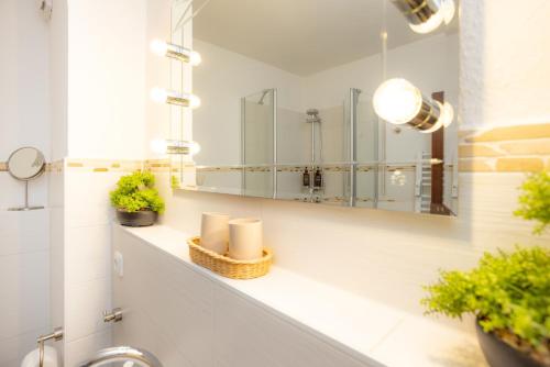 ein Badezimmer mit Waschbecken und Spiegel in der Unterkunft FeWo Harzer Leidenschaft bis 2 Hunde Willkommen TOP Lage DTV 5 Sterne 3 Pfoten in Sankt Andreasberg