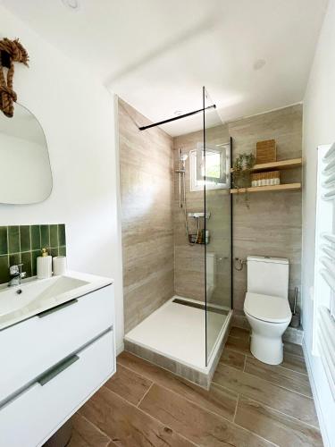 une salle de bain avec toilettes et douche en verre dans l'établissement Charmant appartement calme et élégant à 5 min des plages, à Toulon