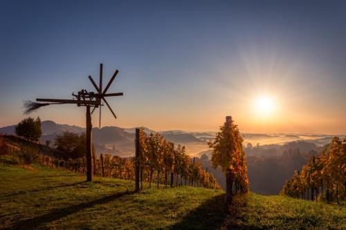 a windmill on a hill with the sun in the background at Lieperts Cafe Dinner Rooms Boutiqe-Zimmer Südsteiermark in Leutschach