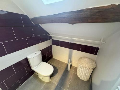 a small bathroom with a toilet and purple tiles at ARconciergerie Cocon près de la forêt de Fontainebleau in Dannemois