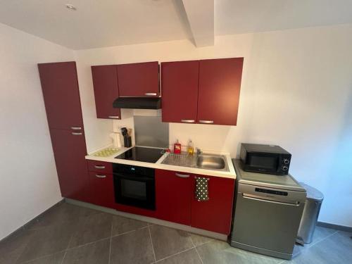 a small kitchen with red cabinets and a sink at ARconciergerie Cocon près de la forêt de Fontainebleau in Dannemois