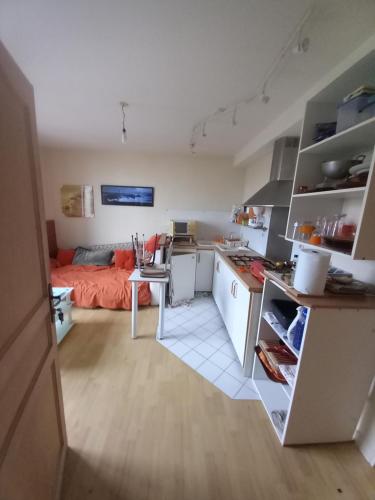 une pièce avec une cuisine et un salon dans l'établissement Un calme près de l'eau, à Lanvéoc