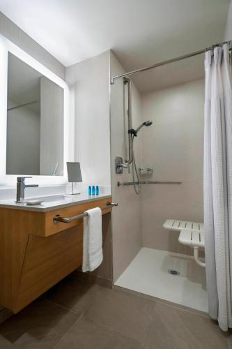 a bathroom with a shower and a sink and a mirror at Delta Hotels by Marriott Richmond Downtown in Richmond