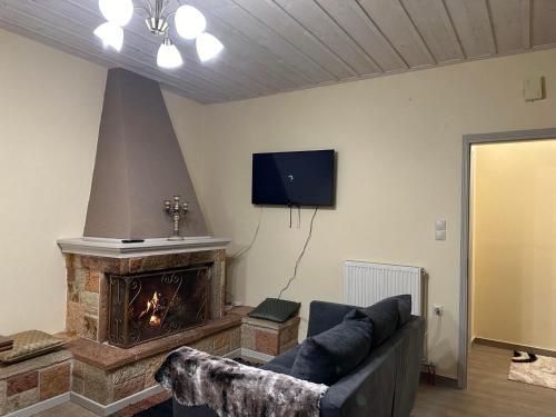 a living room with a couch and a fireplace at Vachos 1 in Arachova