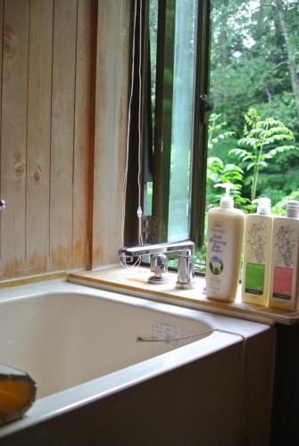 a bathroom sink with two bottles of soap and a window at 貸切別荘Madoyaのお宿 Loiseau bleu Iizuna in Chūsha