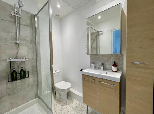 une salle de bain avec une douche, des toilettes et un lavabo dans l'établissement Jardins de Castille - 200m de la gare - Home cinéma, à Amiens