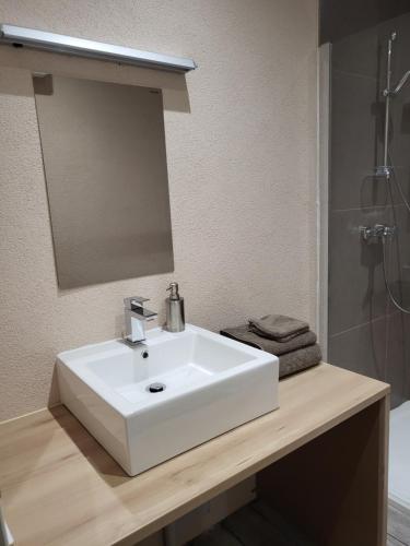 a bathroom with a white sink and a shower at Gite Le Creusot - 4 Chambres individuelles in Le Breuil