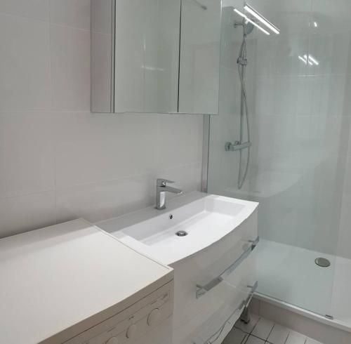 une salle de bain blanche avec un lavabo et une douche dans l'établissement Quartier Couchant Appartement t2 pour 4 personnes N115, à La Grande Motte