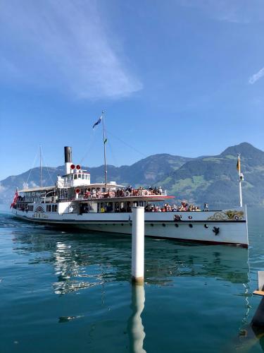 a large boat filled with people on the water at LABEA-Stay - idyllisch I romantisch I View I Natur in Hergiswil