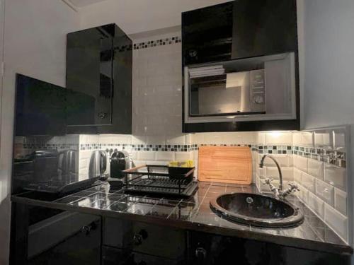 une cuisine avec un évier et un micro-ondes dans l'établissement Notre-Dame - Studio, à Paris