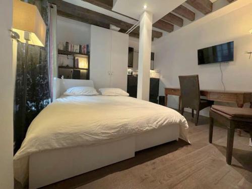 une chambre avec un lit, une table et un bureau dans l'établissement Notre-Dame - Studio, à Paris