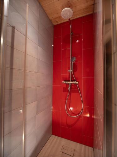 La salle de bains est pourvue d'une douche avec un mur rouge. dans l'établissement Eco-lodges Lacanau Moutchic Inn - 4 pers, à Lacanau