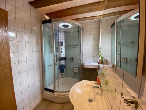 a bathroom with a glass shower and a sink at Hotel & Restaurant Druidenstein in Trautenstein