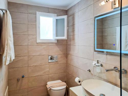 a bathroom with a toilet and a sink and a mirror at Boufounis Studios in Kamarai