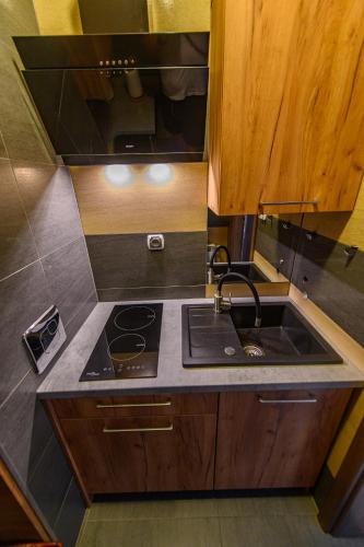 a small kitchen with a sink and a stove at Hotel Restauracja Sara in Laskowa