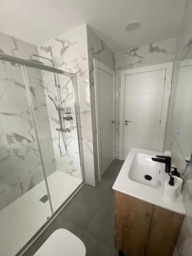 une salle de bain avec lavabo et douche dans l'établissement Apartamento El Baluarte, à Cudillero