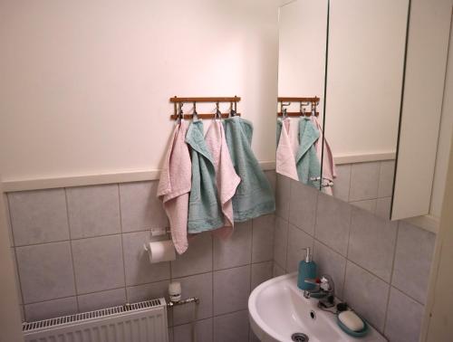 a bathroom with a sink and a mirror and towels at Villa Siikakoski in Konnevesi