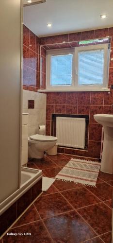 a bathroom with a toilet and a tub and a sink at Pokoje i Apartament U Ireny in Poronin