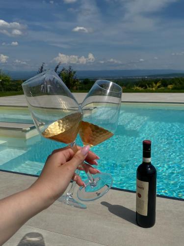 a person holding a glass of wine next to a pool at Hacienda R - kuca sa bazenom in Siokovac