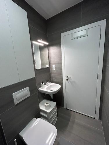 a bathroom with a white toilet and a sink at Hacienda R - kuca sa bazenom in Siokovac