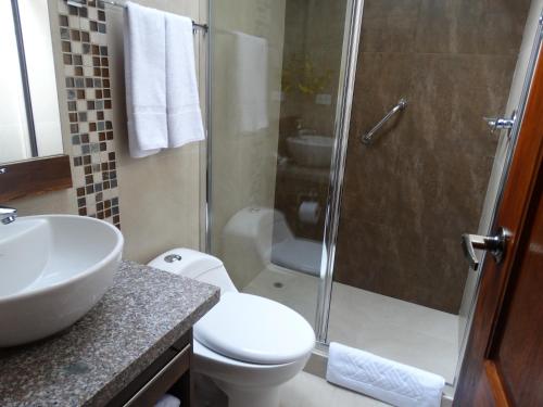 a bathroom with a shower and a toilet and a sink at Siena Hotel in Cuenca