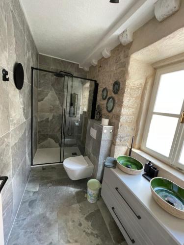 a bathroom with a shower and a toilet and a sink at Villa Roko in Jelsa