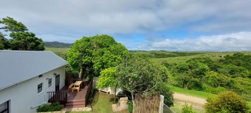 ein weißes Haus mit einer Terrasse neben einem Feld in der Unterkunft Wild Plum Cottage in Kei-mouth Village