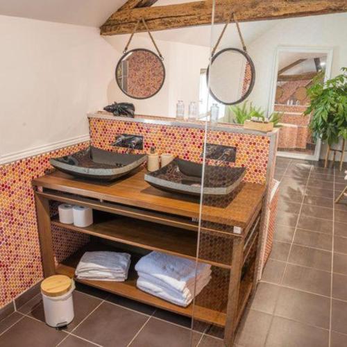 a bathroom with a counter with two sinks and mirrors at Lodges insolites chez RDV en Terre Animale in Sury-aux-Bois