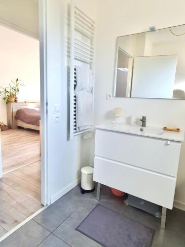 une salle de bain avec un lavabo et un miroir dans l'établissement Maison de famille à 300m de la plage, à Labenne