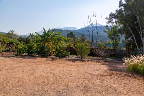 a dirt field with trees and mountains in the background at Rus In De Rust in De Rust